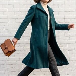 VTG Piaf Long Wool Coat Womens 5/6 Petite Green Button Front Preppy Career Work